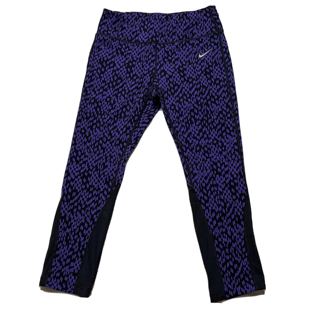 Nike Dri-Fit Womens Capri Printed Running Leggings Purple Black Size Medium